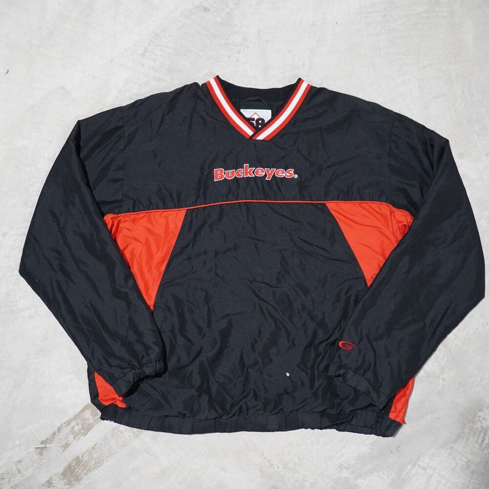 Y2K Ohio State Buckeyes Pullover Windbreaker Mens L Black Red 58 Sports V Neck